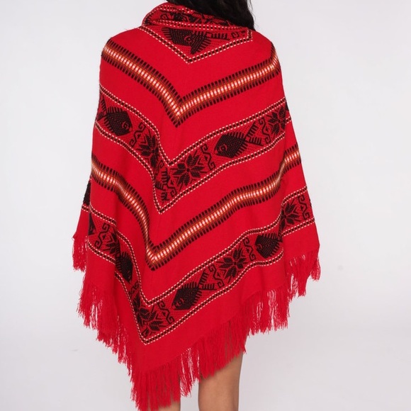 Hippie Poncho Shawl Red Fish Boho StripeGeo Knit Cape Blanket Vintage Fe… - Picture 11 of 12
